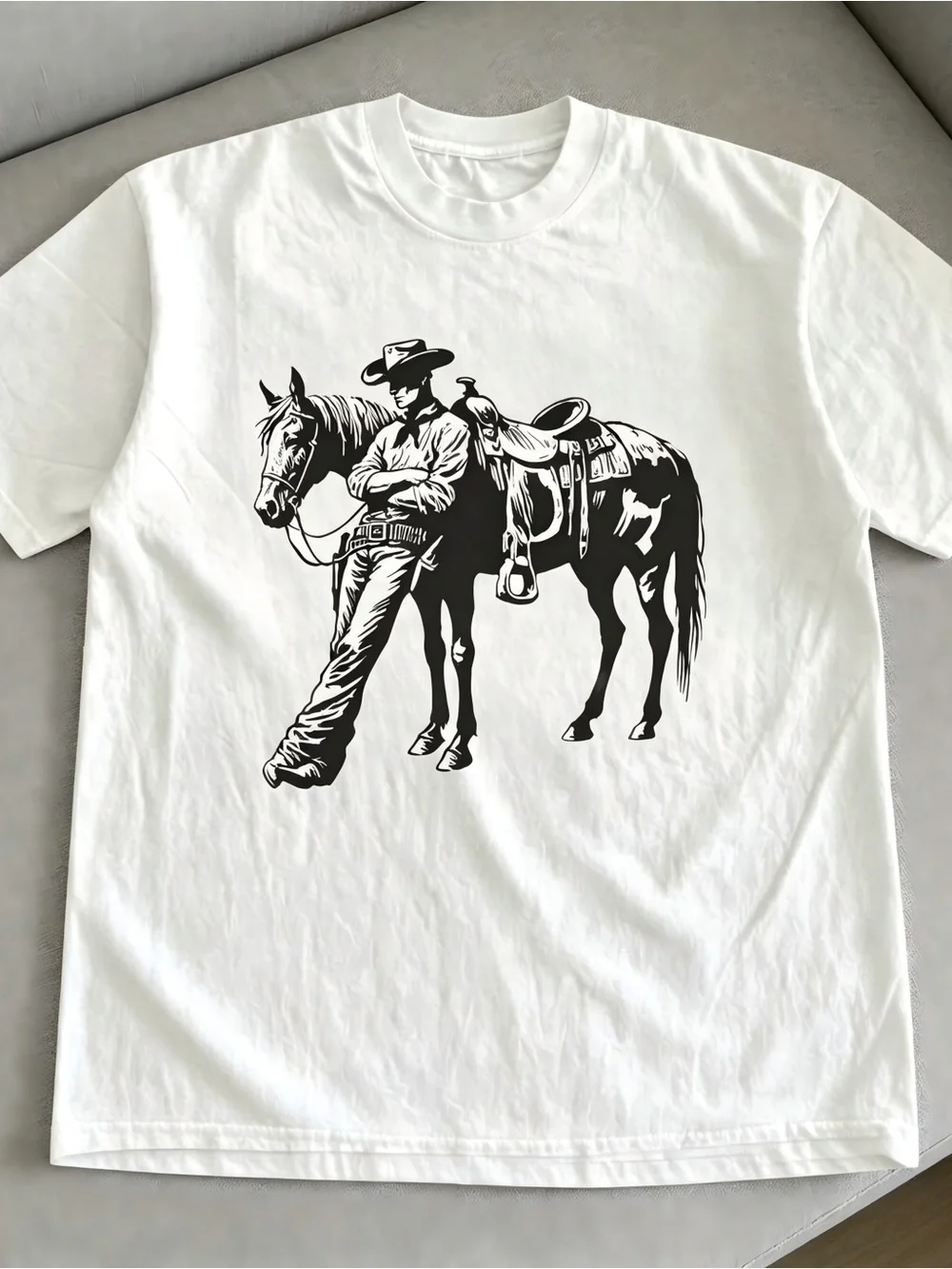 White T-shirt Cowboy & Horse Graphic WomenMen T-shirt Unisex
